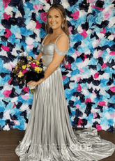 Gabrielle |Long Gold Prom Dress Metallic With A Line Off the Shoulder Pleated Split - Silver - PromDressClub